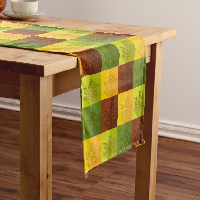 Autumn Maple Leaves, brown, gold, green Short Table Runner (In Situ)