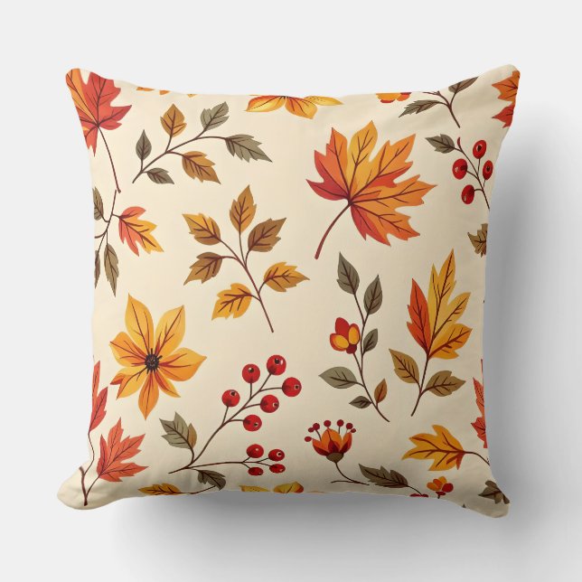 Autumn Maple Leaves & Cranberries Print Collection Throw Pillow (Front)