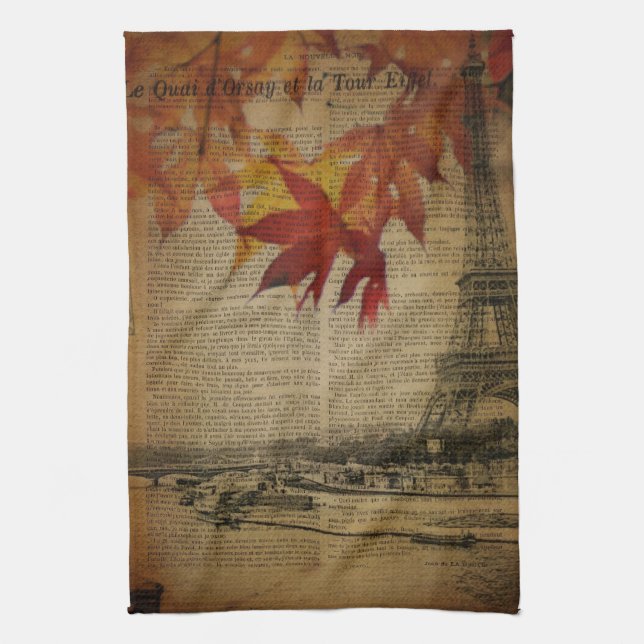 autumn maple leaves fall paris eiffel tower kitchen towel (Vertical)