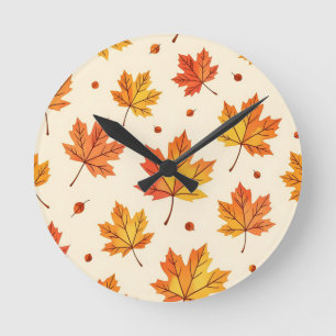 Autumn Maple Leaves Falling Pattern Round Clock