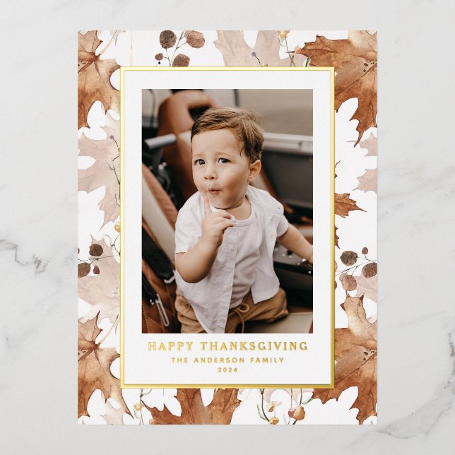Autumn Maple Leaves Happy Thanksgiving Photo Foil Holiday Postcard (Front)