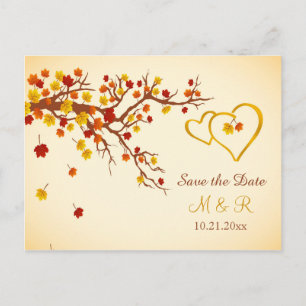 Autumn maple leaves, hearts Save the Date Announcement Postcard