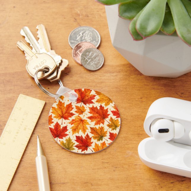 Autumn Maple Leaves Pattern | Fall Orange Red Leaf Keychain (Desk)
