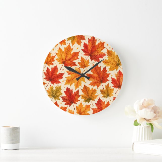 Autumn Maple Leaves Pattern | Fall Orange Red Leaf Large Clock (Home)