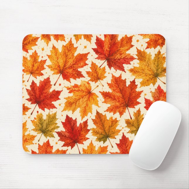Autumn Maple Leaves Pattern | Fall Orange Red Leaf Mouse Pad (With Mouse)