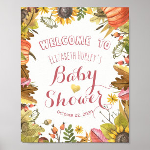 Autumn Maple Leaves & Pumpkin Baby Shower Welcome Poster