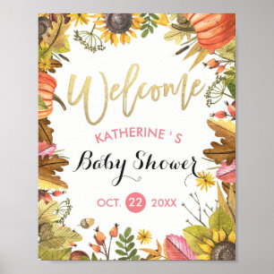 Autumn Maple Leaves & Pumpkin Baby Shower Welcome Poster
