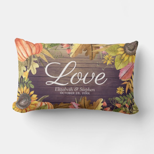 Autumn Maple Leaves Pumpkins Wood Wedding Shower Lumbar Pillow (Front)