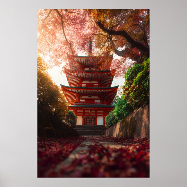 Autumn Maple Pagoda Temple Staircase Glow Poster (Front)