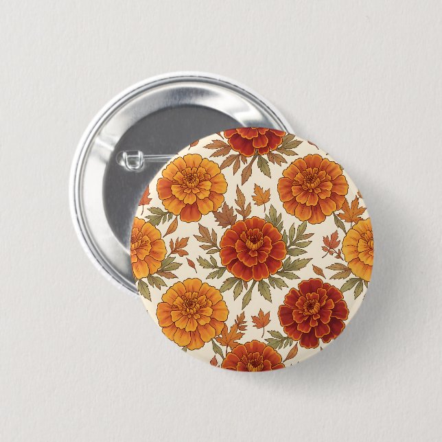 Autumn marigold flower pattern 2 inch round button (Front & Back)