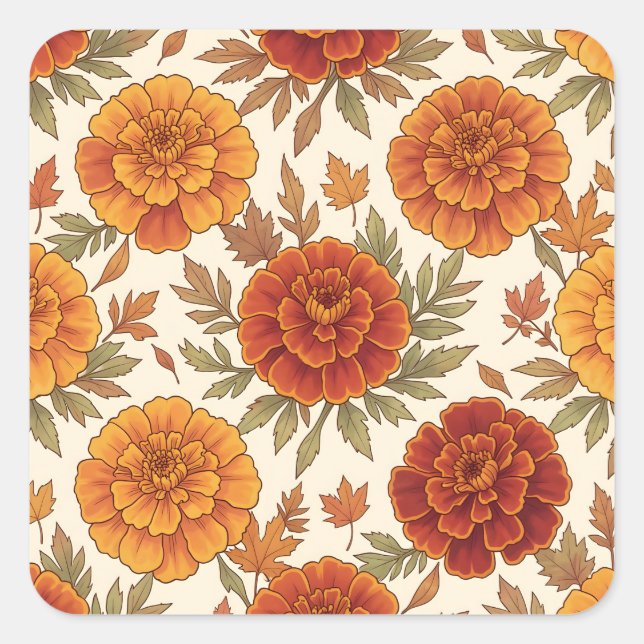 Autumn marigold flower pattern square sticker (Front)