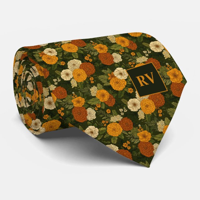 Autumn Marigold Garden Flower Monogrammed Tie (Rolled)