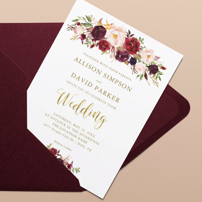 Autumn Marsala Floral Gold Elegant Wedding Card (Creator Uploaded)