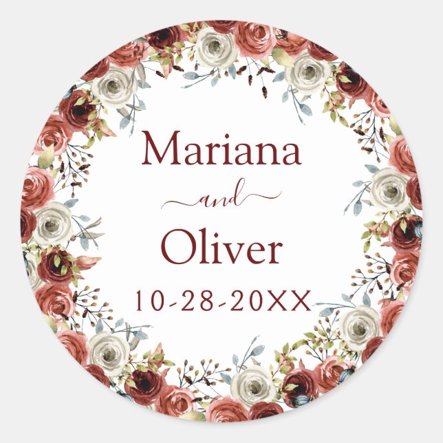 Autumn Mix Watercolor Floral Wedding Classic Round Sticker (Front)
