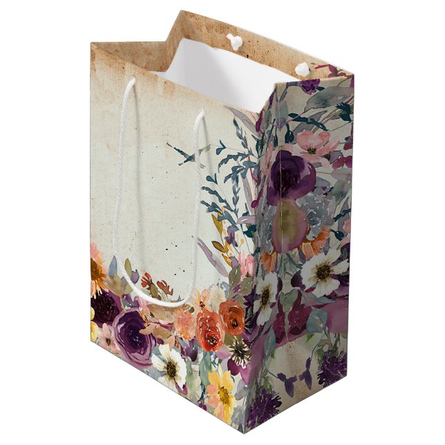 Autumn mixed watercolor floral   medium gift bag (Front Angled)