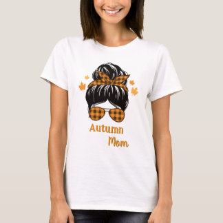 Autumn Mom Messy Bun Buffalo Plaid Sunglasses Fall T-Shirt