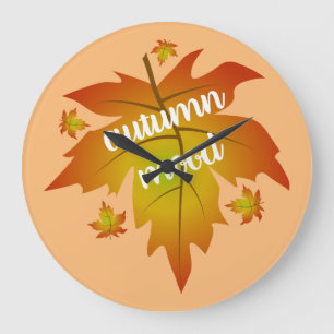 Autumn mood typography maple leaves large clock