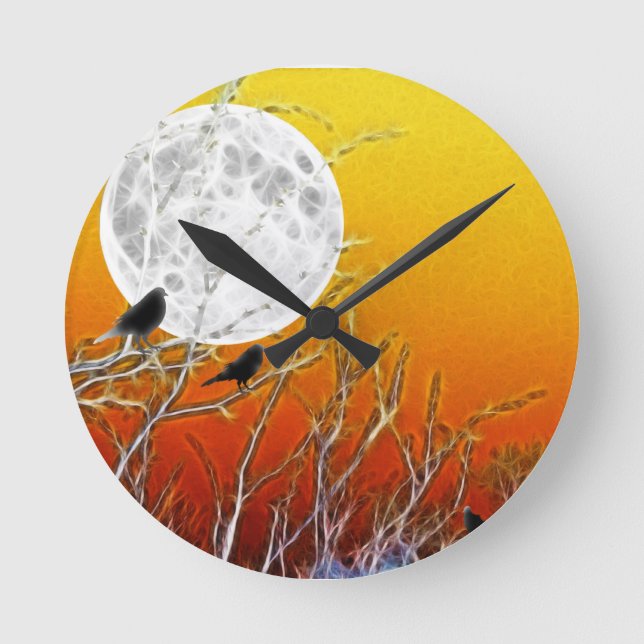Autumn Moon Gothic Orange Sunset Round Clock (Front)