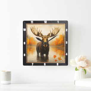 Autumn Moose Forest Lake  Square Wall Clock