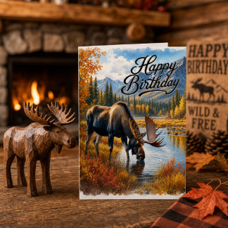 Autumn Moose Rustic Fall Wildlife Birthday Card
