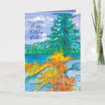 Autumn Mountain Lake Happy Birthday Brother Card<br><div class="desc">A fall season birthday card featuring a mountain lake during autumn with plants and bushes growing in the rocks and changing colours to bright yellows and oranges with a periwinkle sky sketched with ink and painted with watercolor.   You can customize the text to fit your needs.</div>