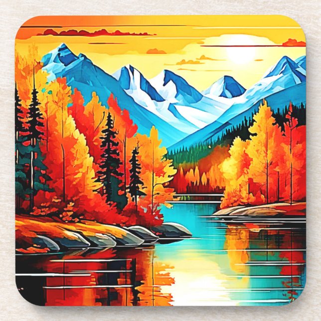 Autumn Mountain Lake Scene Coaster (Front)