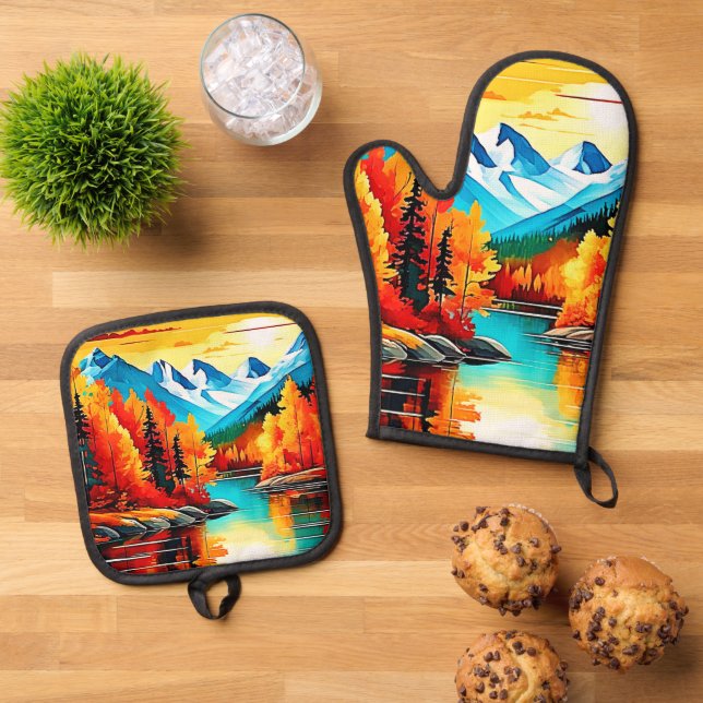 Autumn Mountain Lake Scene Oven Mitt & Pot Holder Set (Top Down)