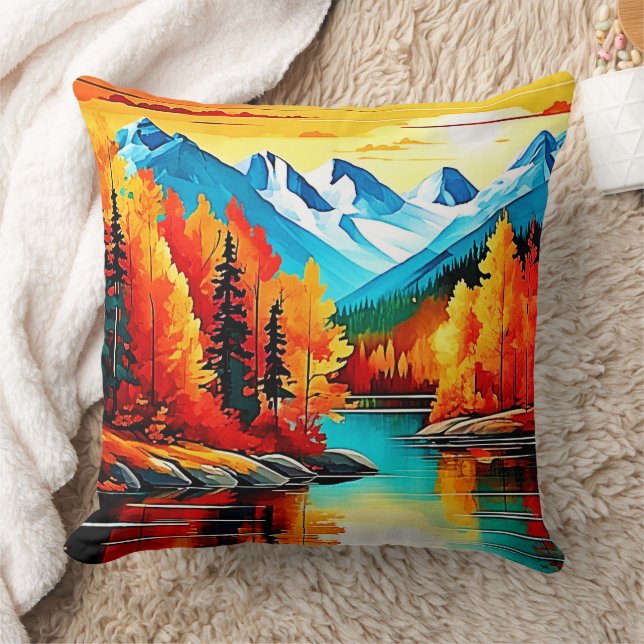 Autumn Mountain Lake Scene Throw Pillow (Blanket)