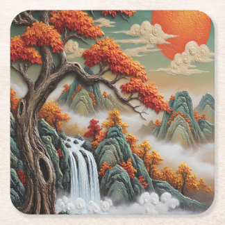 Autumn Mountain Landscape with Waterfall Square Paper Coaster