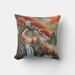 Autumn Mountain Landscape with Waterfall Throw Pillow