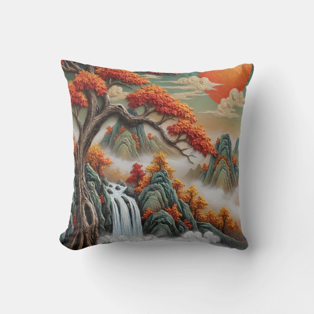 Autumn Mountain Landscape with Waterfall Throw Pillow (Front)