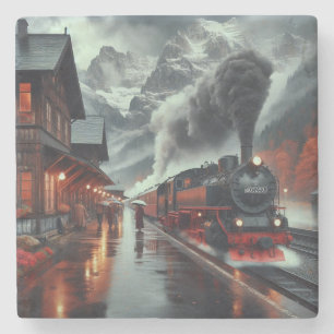 Autumn Mountain Train Journey Stone Coaster