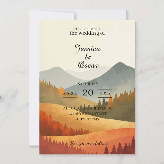 Autumn Mountain Watercolor Wedding Invitation (Front)