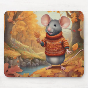 Autumn Mouse with Cozy Sweater & Leaves Mouse Pad