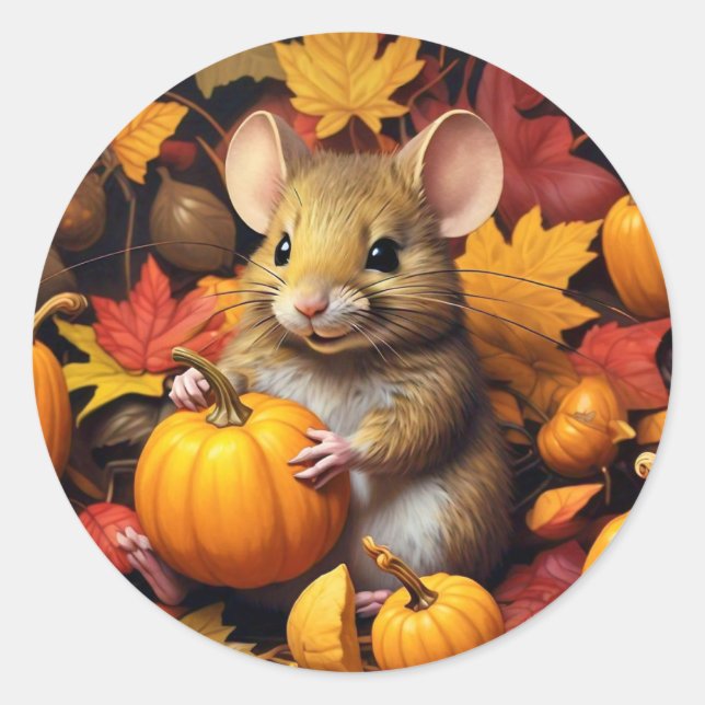 Autumn Mouse with Pumpkins & Leaves Sticker (Front)
