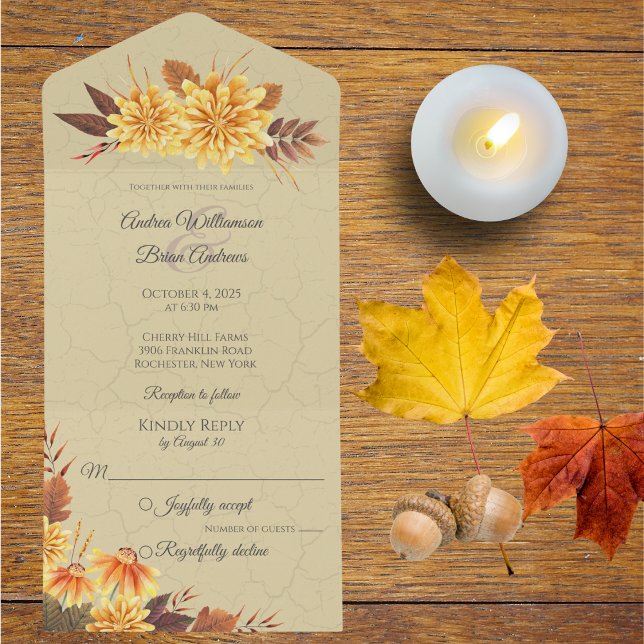 Autumn Mums with Foliage  All In One Invitation (Available with dinner options or QR code. )
