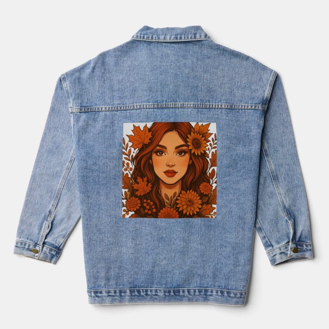 Autumn Muse – Woman with Fall Flowers Denim Jacket (Back)