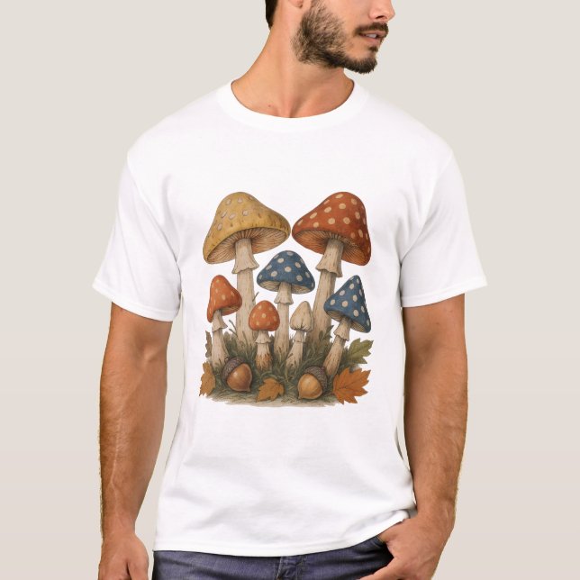 Autumn Mushroom Design with Acorns and Leaves T-Shirt (Front)