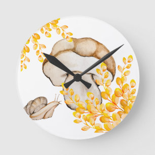 Autumn mushroom, snail and yellow branches throw p round clock