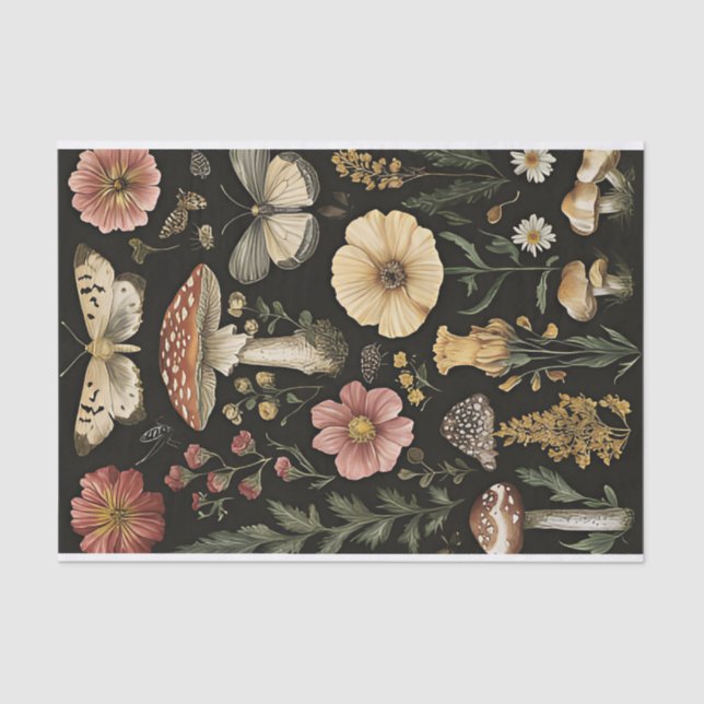 Autumn Mushrooms and Flowers Fall Decoupage Tissue Paper (Front)