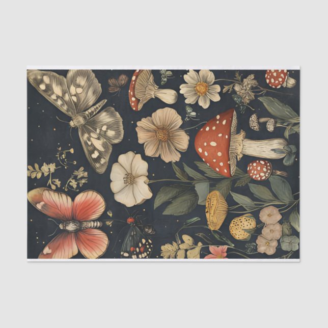 Autumn Mushrooms and Flowers Fall Decoupage Tissue Paper (Front)