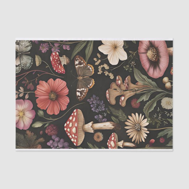 Autumn Mushrooms and Flowers Fall Decoupage Tissue Paper (Front)