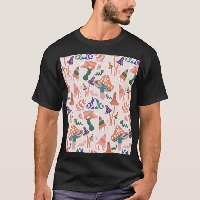 Autumn mushrooms, colourful seamless design. T-Shirt (Front)