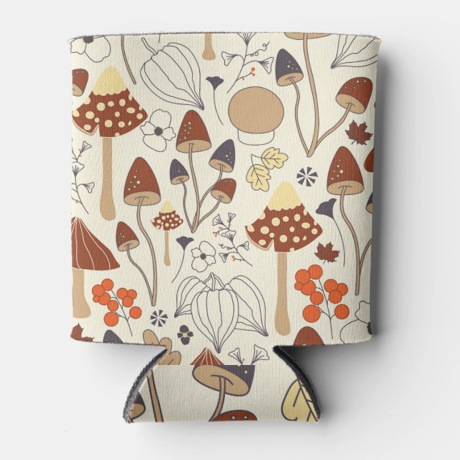 Autumn Mushrooms Flowers Seamless Pattern Can Cooler (Front)