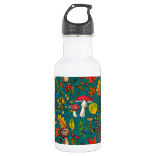 Autumn mushrooms, leaves, nuts and berries on blue 532 ml water bottle