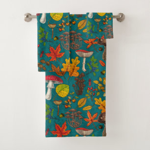 Autumn mushrooms, leaves, nuts and berries on blue bath towel set