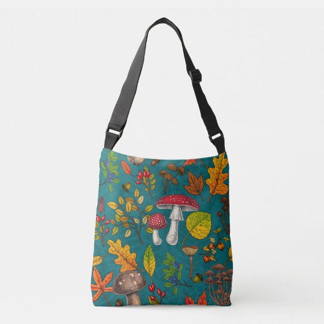 Autumn mushrooms, leaves, nuts and berries on blue crossbody bag (Front)