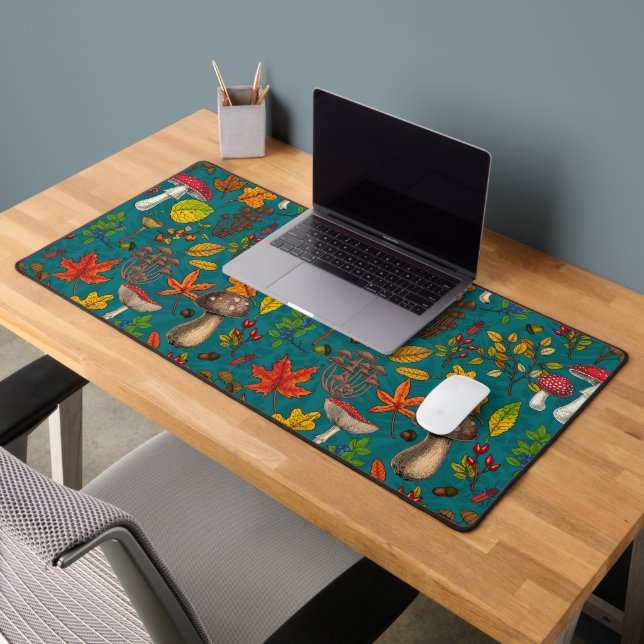 Autumn mushrooms, leaves, nuts and berries on blue desk mat (Office 2)