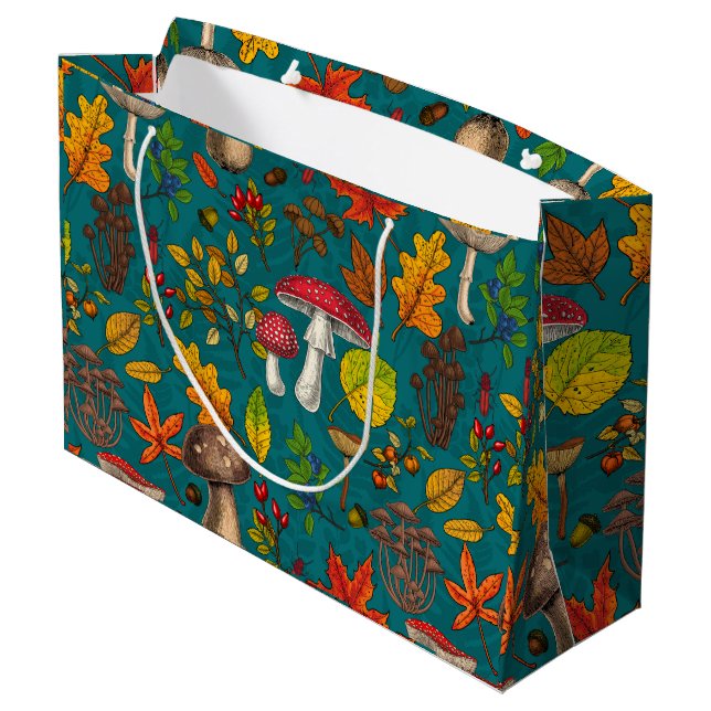 Autumn mushrooms, leaves, nuts and berries on blue large gift bag (Back Angled)