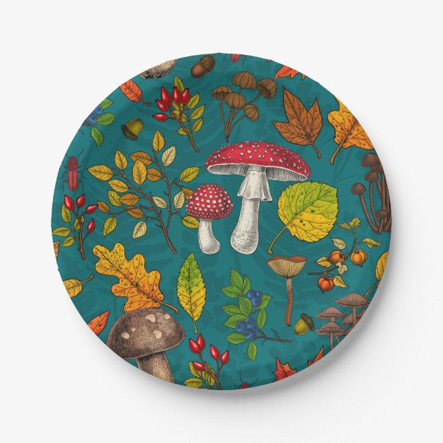 Autumn mushrooms, leaves, nuts and berries on blue paper plate (Front)